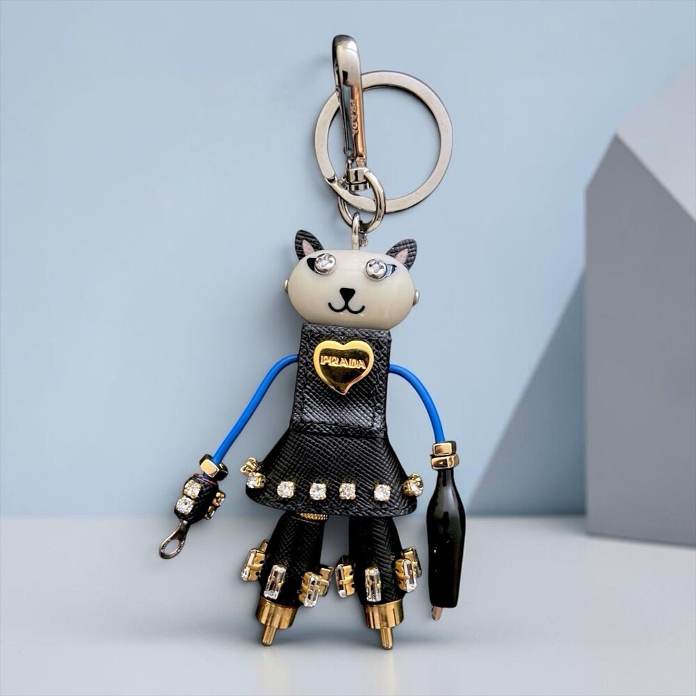 PRADA Robot Cat Charm Keychain White x Black Cat Triangle Logo 1TR018 Used PRADA